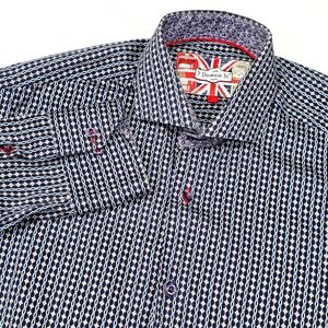 7 Downie St Shirt Men's‎ Size 3 Medium Navy Blue Geometric London Couture Button